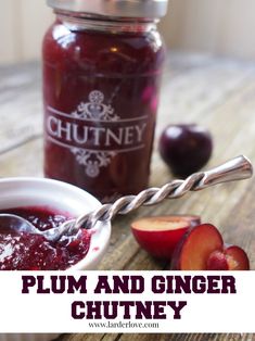 plum and ginger chutney in a mason jar with a spoon next to it