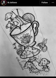 a drawing of a tea pot with flowers and butterflies on it, in the middle of a