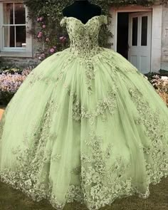 Green Floral Quinceanera Dresses, Quencinera Dresses Green, Tinkerbell Quince, Light Green Quinceanera Dresses, Sage Prom Dress