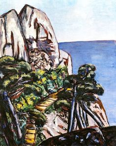 a painting of trees and rocks by the ocean