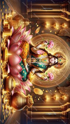 an artistic painting depicting the hindu god ganesha in gold and pink colors with flowers