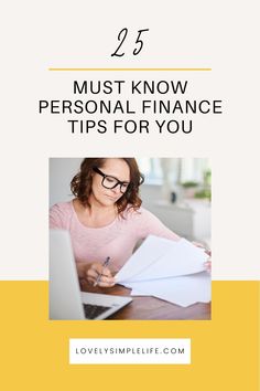 a woman working on her laptop with the title 25 must know personal finance tips for you