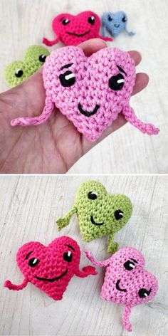 crocheted octopus amigurt is shown in three different colors, one pink and one green