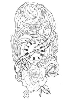 a drawing of a clock with roses on it