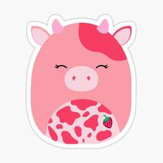 a pink pig sticker with a strawberry on it's nose and eyes closed