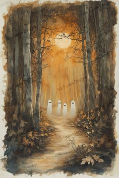 three white owls walking down a path in the woods