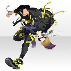 a man dressed in black and yellow riding a skateboard with chains on his feet