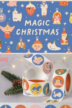 christmas wrapping paper with stickers on it and decorations in the background, along with an ornament that says'magic christmas '