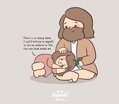 a person sitting on the ground with a baby in front of him and an image of jesus