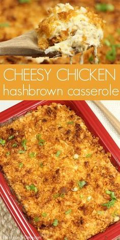 cheesy chicken hashbrown casserole in a red dish