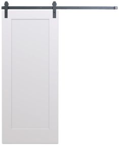 an open white barn door with black hardware on the bottom and side bars, against a white background