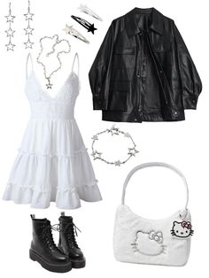 Cute White Outfits Aesthetic, How To Style A Black Skirt Long, Outfit Ideas Blouse, White Dress Leather Jacket, White Outfits Aesthetic, Black And White Aesthetic Outfit, Spring Clothes, Swaggy Outfits, Really Cute Outfits