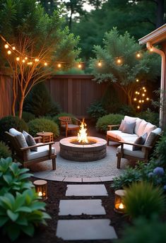 a fire pit surrounded by chairs and lights