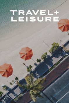 three orange umbrellas sitting on top of a sandy beach next to the ocean and palm trees