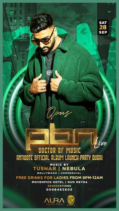 an event flyer with a man in a green jacket