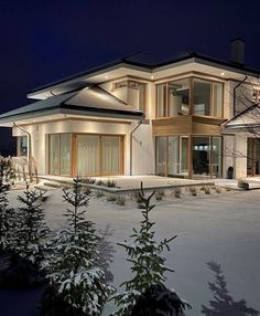 a large house is lit up at night in the snow