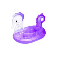 an inflatable float with a white horse on it's back and purple tail