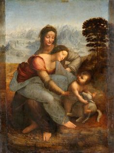 the painting depicts a woman holding a child and two other people, with mountains in the background