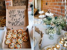 an assortment of desserts are on display at a wedding or bridaly reception