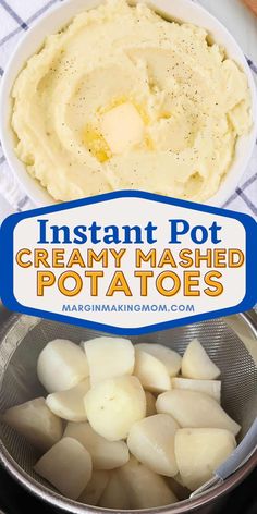 mashed potatoes in a bowl with the words instant pot creamy mashed potatoes above it