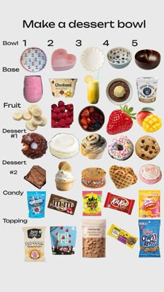 a poster with different types of desserts on it's side and the words make a dessert bowl below