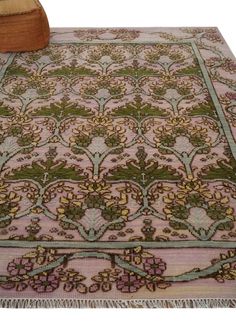 Hand Knotted Purple, Green and Beige Floral Traditional Wool Rug – The Rug Decor Moss Bedroom Aesthetic, Sage And Pink Rug, Green Rug Bedroom Aesthetic, Green Pink Rug, Rug Patterns Design, Pink And Green Rooms, Mauve And Green Bedroom, Green And Purple Decor, Taurus Bedroom