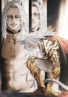 two anime characters one with white hair and the other without his shirt, both holding swords