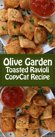 olive garden toasted ravioli copycat recipe on a white plate with sauces