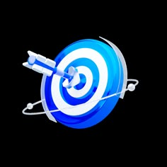 an arrow hitting in the center of a blue and white target with two arrows sticking out of it