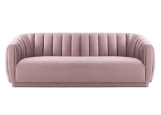 a pink velvet sofa with pleated back and arms, on an isolated white background