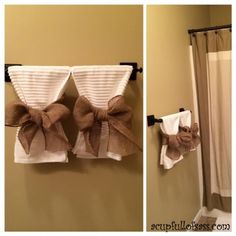 two pictures of towels hanging on the wall