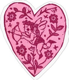 a pink heart shaped sticker with an image of a cupid holding a bow