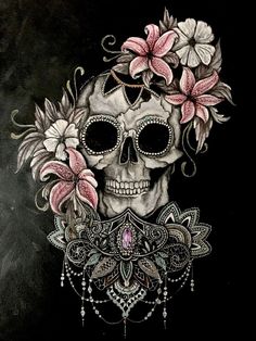 a drawing of a skull with flowers on its head and an ornate necklace around it