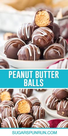 chocolate covered peanut butter balls are stacked on white plates and ready to be eaten with text overlay