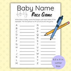 baby name race game with pencils and crayons on the page, in front of