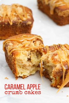 caramel apple crumb cakes on white parchment paper with text overlay that reads, caramel apple crumb cakes