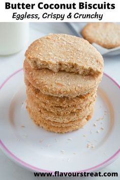 three cookies stacked on top of each other with the words butter coconut biscuits eggless, crispy and crunchy