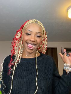 Blonde And Red Braids Black Women, Peekaboo Hair Color Braids Blonde, Blonde And Red Peekaboo Braids, Red And Blonde Hair Color Braids, Blond And Red Braids, Red And Black Peekaboo Hair, Blonde And Red Box Braids, Red And Blonde Braids Mixed, Red Blonde Braids