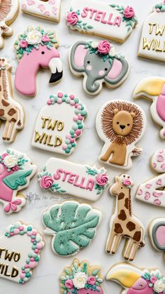 many decorated cookies with animals and flowers on top of a white countertop next to each other