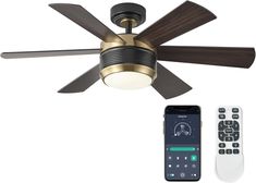 a ceiling fan with remote control next to it