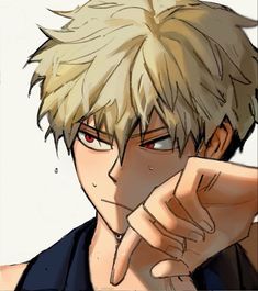 an anime character with blonde hair and red eyes pointing to his left side while looking at the camera