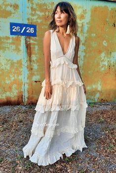 Handmade ruffled raw cotton dress with lining. Was $139 now on sale $105 Decorate with lace. Deep v neck, elastic at the back. 2 colors cream and white, Measurements: Bust 32 up to 38 inches. Hip Free Length 56.5 inches. CARE: Machine wash cold. White Ruffled Maxi Dress For Beach Wedding, Flowy Ruffle Dress For Beach Wedding, Bohemian Tiered Maxi Dress For Wedding, Bohemian Sleeveless Maxi Dress For Wedding, Elegant Ruffled Maxi Dress For Beach Wedding, Cream Sleeveless Gown For Spring, Bohemian Sleeveless Wedding Maxi Dress, Summer Beach Gown Flowy Fit, Chic Flowy Dress For Beach Wedding