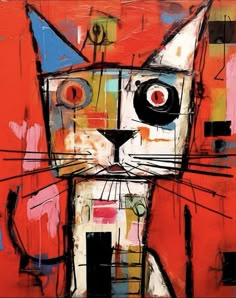 an abstract painting of a cat with red background