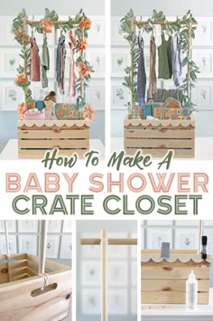 how to make a baby shower crate closet with clothes hanging on the rack and other items in it