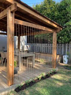 a patio with a table and chairs in the middle of it next to a fence