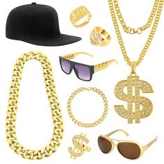 PRICES MAY VARY. Hip Hop Costumes:These hip hop costume kit includes 1 pcs black hat, 2 pcs rapper sunglasses, 1 pcs gold bracelet, 1 pcs dollar sign gold chain, 1 pcs large necklace, 1 pcs dollar sign ring , 2 pcs kanji blessing gold plated rings,funny rapper costume set for your 80s/ 90s dress up, you'll be eye-catching one in 80s/ 90s theme parties Old School Rapper Accessories:Our DJ rapper glasses frame and big chunky fake gold chain are made of safe and sturdy plastic, ring and dollar pend 90s Hip Hop Costume, Rapper Sunglasses, Men Gold Chain, 90s Dress Up, Rapper Costume, Punk Sunglasses, Hip Hop Accessories, Hip Hop Costumes, Gold Costume