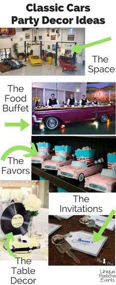 a bunch of different types of cakes and other items in a room with the words party decor ideas on it