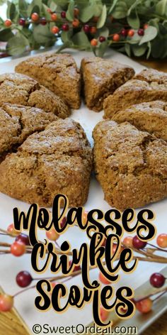 several cookies on a plate with the words molassses, crinkle souffles