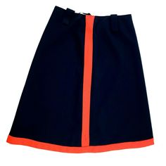 Vintage Mod Navy Orange Wool A-line Skirt 1960's American Way with Wool No size indicated. Approx modern size small.  Measurements taken flat: Waist 14" / length from center 27" / bottom width 29.5"  Good condition.  Small damage on front bottom at center orange stripe.  Please see the photos for the exact item that you will receive. Any questions, please ask.  Thanks for looking!  "All it takes is faith and trust, and a little bit of pixie dust!"  Bid and Buy with Confidence. We believe in hone Retro Skirt For Workwear, Retro Skirt For Work, Retro Mini Skirt For Workwear, Retro Mini Skirt For Work, Vintage Blue Skirt For Work, Retro Relaxed Skirt For Workwear, Retro Relaxed Workwear Skirt, Retro Blue Knee-length Skirt, Blue Retro A-line Skirt