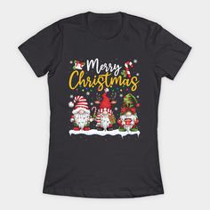 merry christmas gnomes women's t - shirt in black with an image of santa and